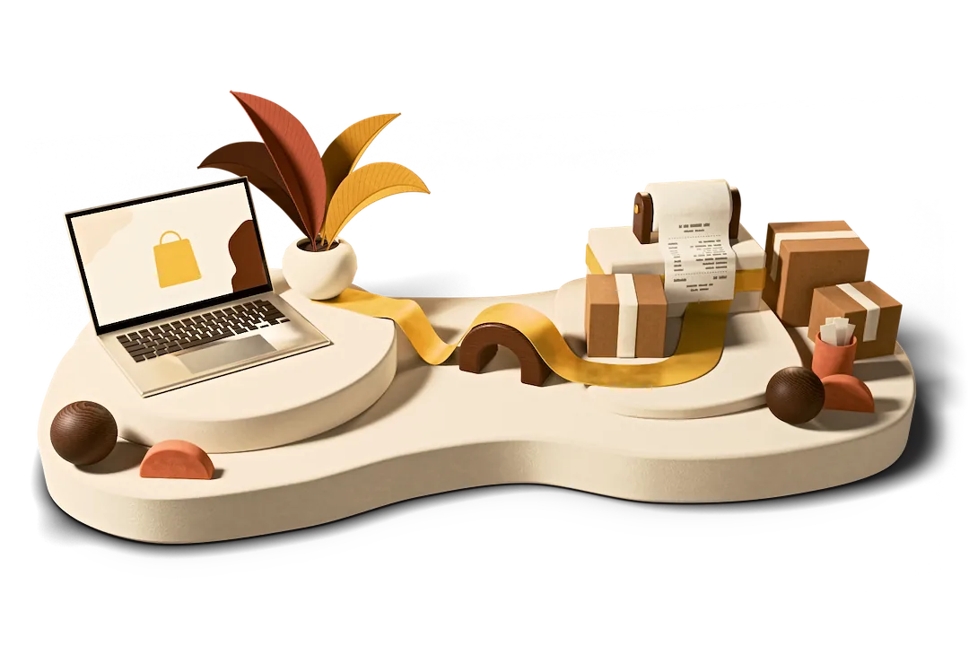 Illustration: Ein Onlineshop ist über ein goldenes Band mit einem Packtisch verbunden